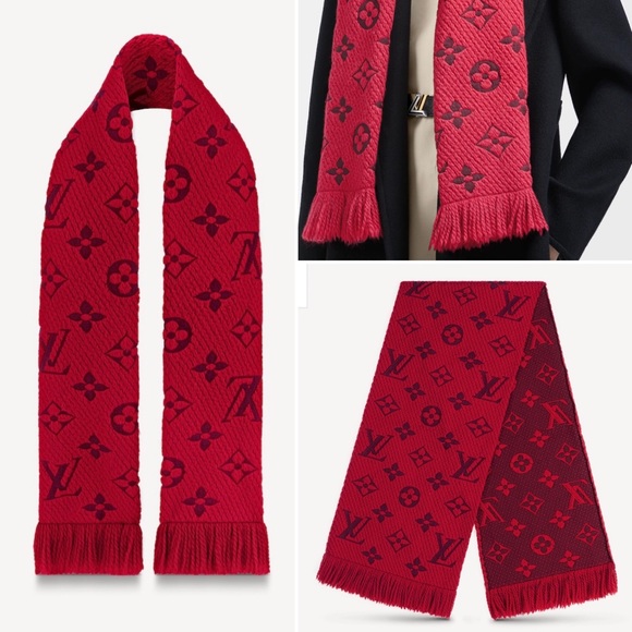 LOUIS VUITTON Logomania Ruby Red Wool Silk Scarf